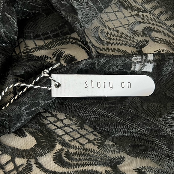 Story On Lace Sheer Balloon Sleeve Blouse Top Short Sleeve Black - Picture 12 of 12